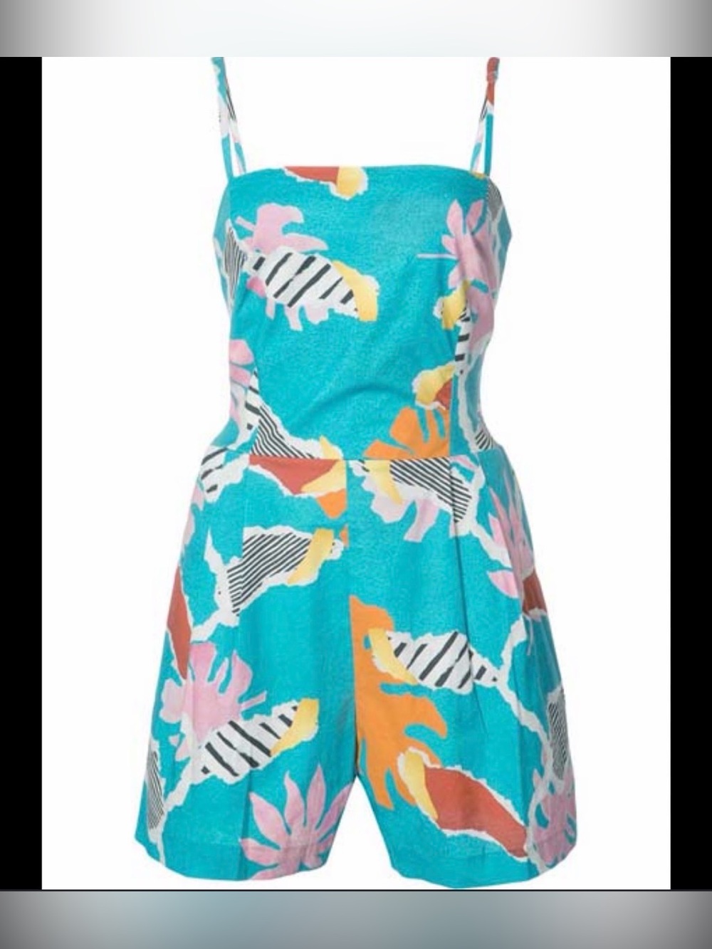 Isolda Women's Turquoise Tropical Print Romper with Multi-Color Accents. Size 6